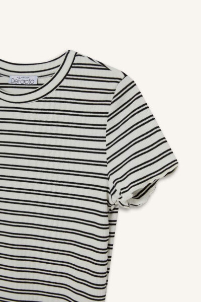 Fitted Crew Neck Striped Ribbed Crop Top White - 7