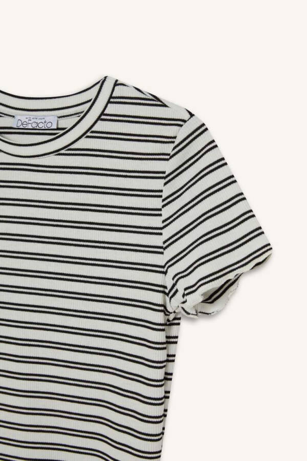 Fitted Crew Neck Striped Ribbed Crop Top White - 7