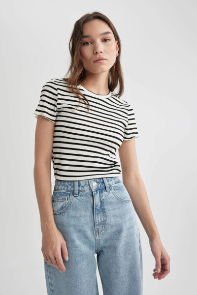 Fitted Crew Neck Striped Ribbed Crop Top White - 12