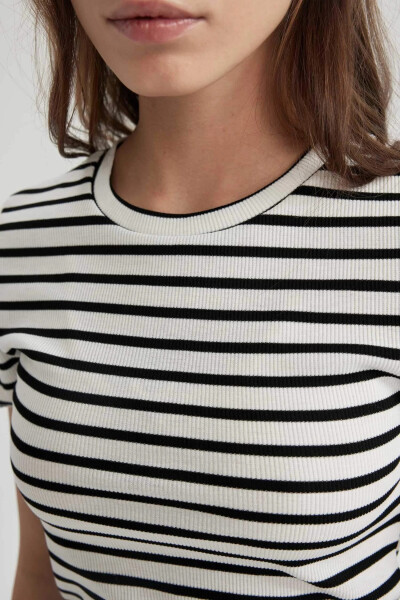 Fitted Crew Neck Striped Ribbed Crop Top White - 13