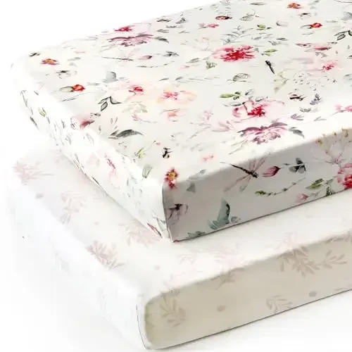 Fitted Crib Sheets Set 2 Pack, Ultra Soft Stretch Jersey Knit Crib Sheet Fit All Standard Crib Mattress Pads Safe and Snug, Crib Fitted Sheet for Baby, Beautiful Flowers and Insects Pattern - FITTED (1)
