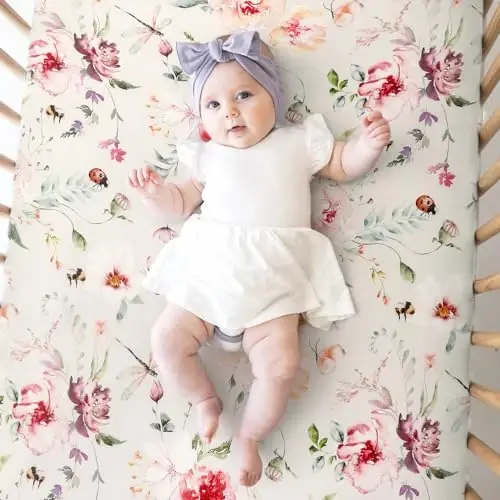 Fitted Crib Sheets Set 2 Pack, Ultra Soft Stretch Jersey Knit Crib Sheet Fit All Standard Crib Mattress Pads Safe and Snug, Crib Fitted Sheet for Baby, Beautiful Flowers and Insects Pattern - 3