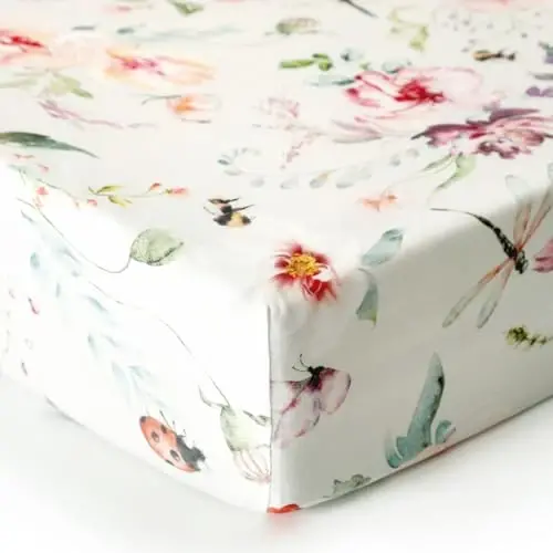 Fitted Crib Sheets Set 2 Pack, Ultra Soft Stretch Jersey Knit Crib Sheet Fit All Standard Crib Mattress Pads Safe and Snug, Crib Fitted Sheet for Baby, Beautiful Flowers and Insects Pattern - FITTED