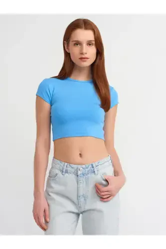 Fitted lycra crop top-Blue - 1