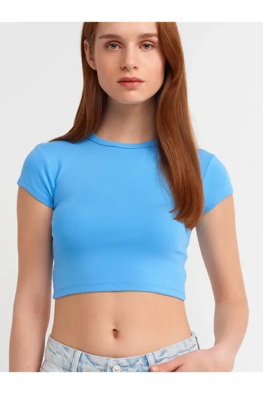 Fitted lycra crop top-Blue - 3