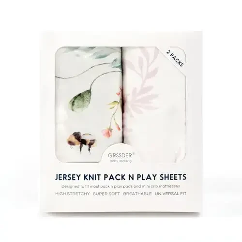 Fitted Pack n Play choyshablar to'plami 2 dona, cho'ziluvchan ultra yumshoq Jersi Knit Portable/Mini karavot choyshablari qizlar uchun, Pack N Plays uchun universal mos, xavfsiz va qulay, chaqaloq uchun chiroyli gullar va hasharotlar naqshlari - 4