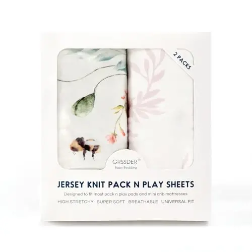 Fitted Pack n Play choyshablar to'plami 2 dona, cho'ziluvchan ultra yumshoq Jersi Knit Portable/Mini karavot choyshablari qizlar uchun, Pack N Plays uchun universal mos, xavfsiz va qulay, chaqaloq uchun chiroyli gullar va hasharotlar naqshlari - 4