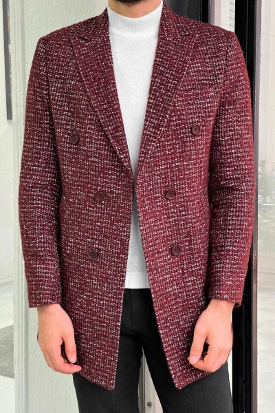 Fitted Patterned Double-Breasted Wool Burgundy Coat - NAZEF