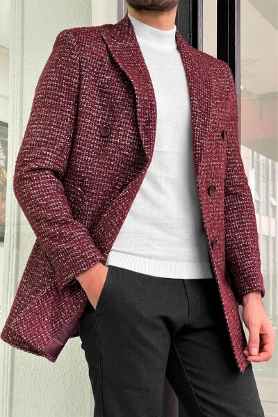 Fitted Patterned Double-Breasted Wool Burgundy Coat - NAZEF (1)