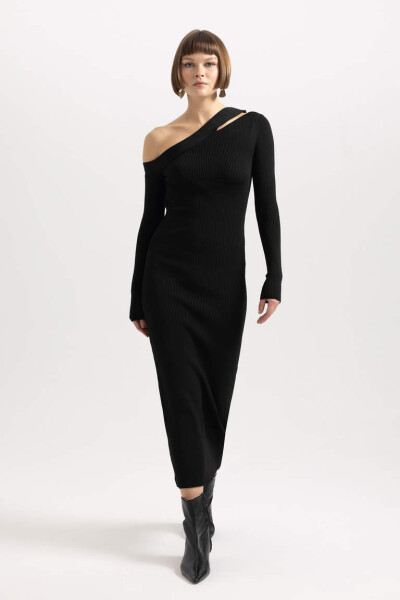 Fitted Ribana Long Sleeve Maxi Dress Black - 3