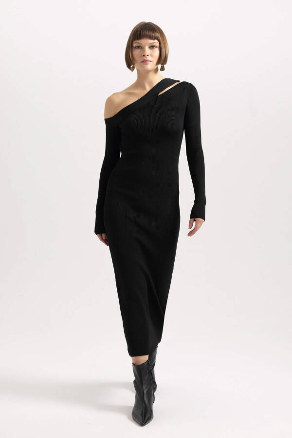 Fitted Ribana Long Sleeve Maxi Dress Black - 8