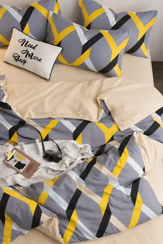 Fitted Sheet Duvet Cover Set Double Size Diagonal-Diagonal Gray - 2