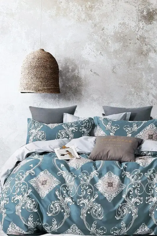 Fitted Sheet Duvet Cover Set Double Size Dynasty Petrol-Dynasty Petrol - İQON