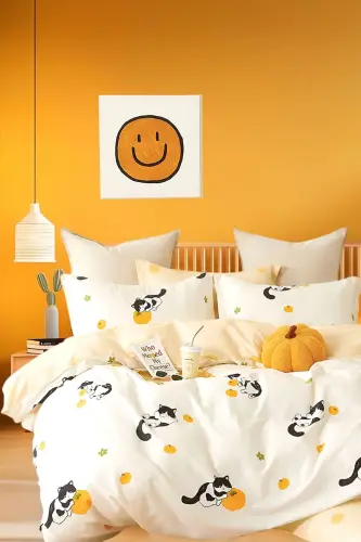 Fitted Sheet Duvet Cover Set Double Size Pumpkin Cat-Pumpkin Ecru 
