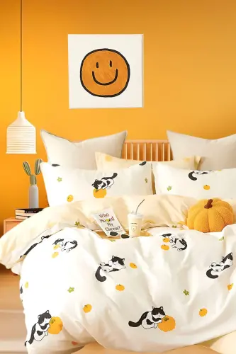 Fitted Sheet Duvet Cover Set Double Size Pumpkin Cat-Pumpkin Ecru - İQON (1)