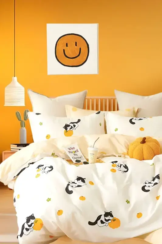 Fitted Sheet Duvet Cover Set Double Size Pumpkin Cat-Pumpkin Ecru - 2