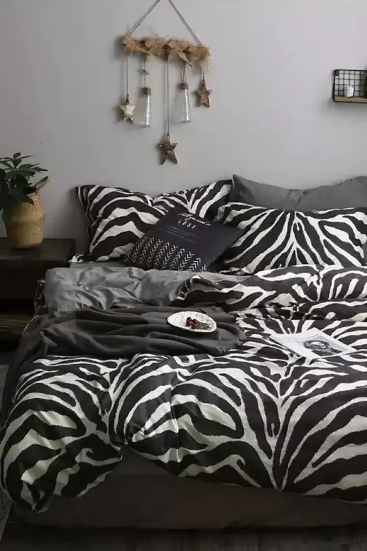Fitted Sheet Duvet Cover Set Double Size Zebra Black-black - 2