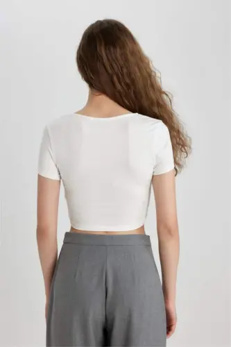 Fitted U-Neck Short Sleeve T-Shirt Broken White - 9