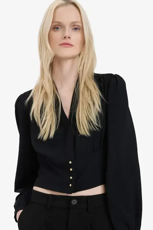 Fitted V-Neck Crepe Long Sleeve Blouse - Black - DEFACTO