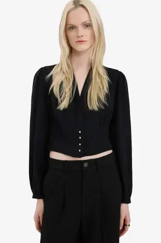 Fitted V-Neck Crepe Long Sleeve Blouse - Black - 3