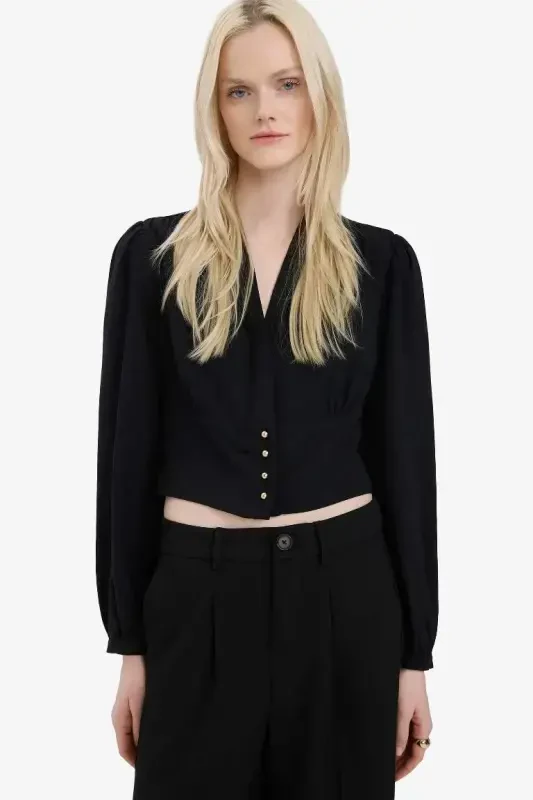 Fitted V-Neck Crepe Long Sleeve Blouse - Black - 3