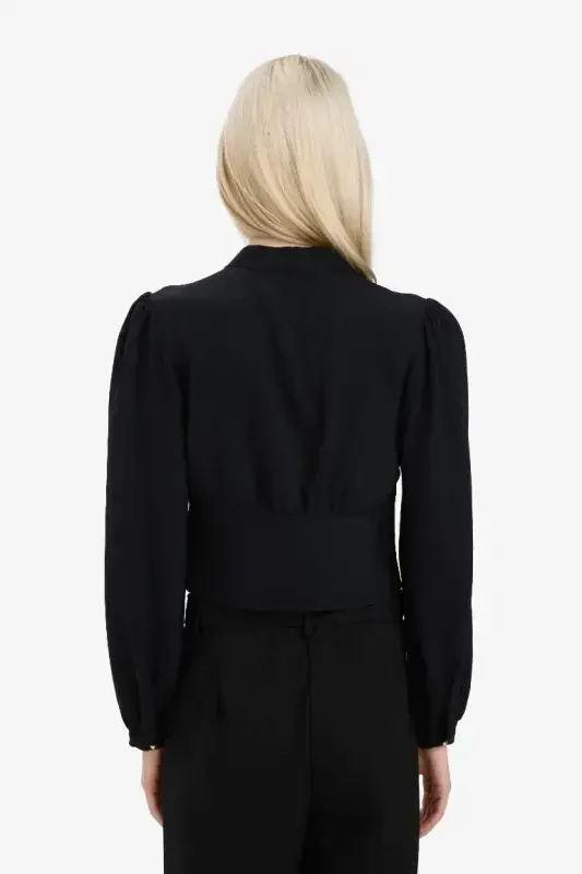 Fitted V-Neck Crepe Long Sleeve Blouse - Black - 5