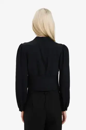 Fitted V Yoqali Krep Uzun Qisma Bluz - Qora - 5