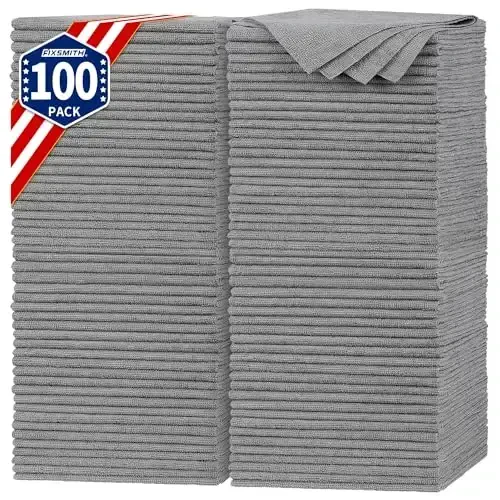 FIXSMITH Shop Towels, Pack of 100, Grey Microfiber Cleaning Cloth Bulk, Microfiber Towels for Cars, All-Purpose Absorbent Cleaning Rags, Dust Cloth for Automotive, Mechanic, Garage, 11.5 x 11.5 inch 