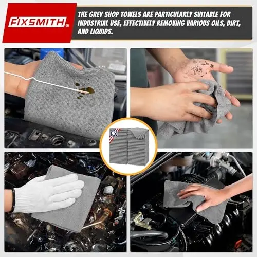 FIXSMITH Shop Towels, Pack of 50, Grey Microfiber Cleaning Cloth Bulk, Microfiber Towels for Cars, All-Purpose Absorbent Cleaning Rags, Dust Cloth for Automotive, Mechanic, Garage, 11.5 x 11.5 inch - 6