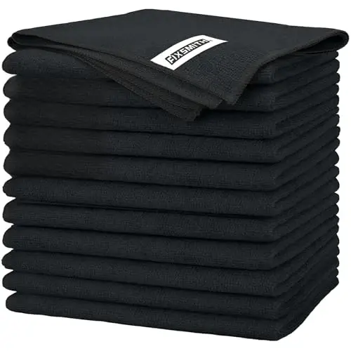 FIXSMITH Black Microfiber Cleaning Cloth -Pack of 12, Highly Absorbent Cleaning Rags, 16