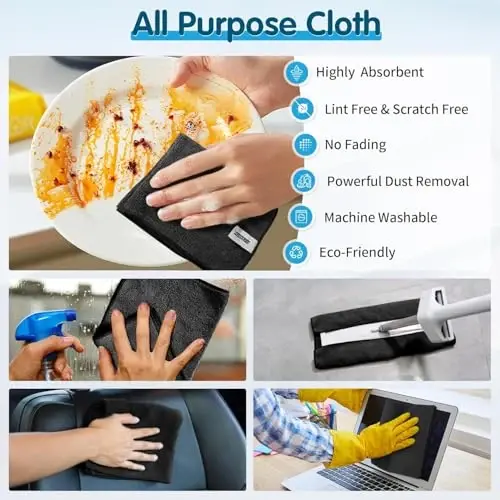 FIXSMITH Black Microfiber Cleaning Cloth -Pack of 12, Highly Absorbent Cleaning Rags, 16