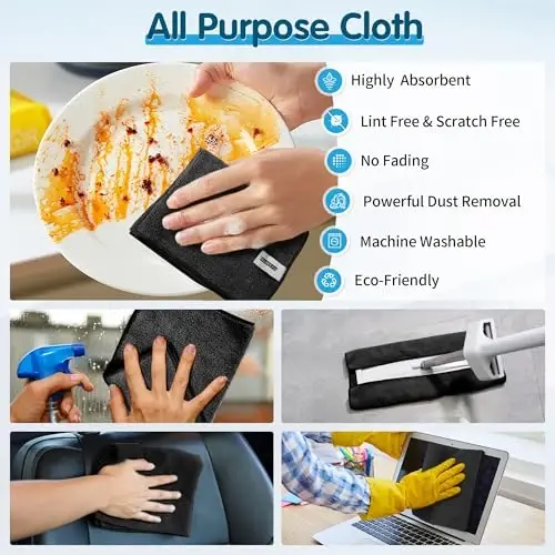 FIXSMITH Black Microfiber Cleaning Cloth -Pack of 8, Highly Absorbent Cleaning Rags, 16