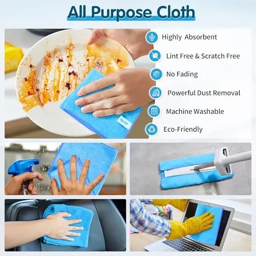 FIXSMITH Blue Microfiber Cleaning Cloth -Pack of 8, Highly Absorbent Cleaning Rags, 16