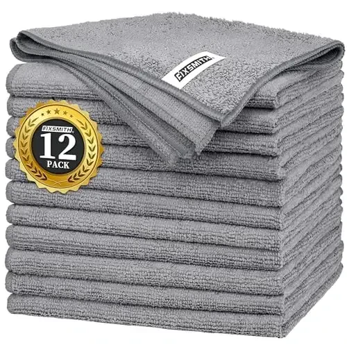 FIXSMITH Grey Microfiber Cleaning Cloth -Pack of 12, Highly Absorbent Cleaning Rags, 16