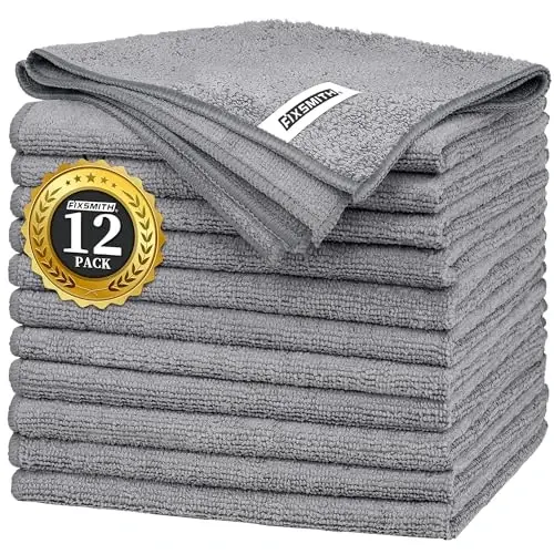 FIXSMITH Grey Microfiber Cleaning Cloth -Pack of 12, Highly Absorbent Cleaning Rags, 16