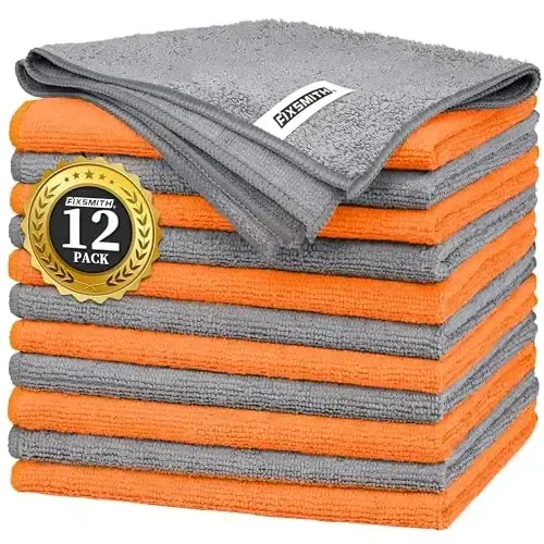 FIXSMITH Microfiber Cleaning Cloth -Pack of 12, Highly Absorbent Cleaning Rags(Grey&Orange), 16