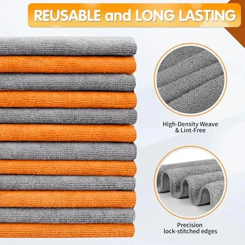 FIXSMITH Microfiber Cleaning Cloth -Pack of 12, Highly Absorbent Cleaning Rags(Grey&Orange), 16