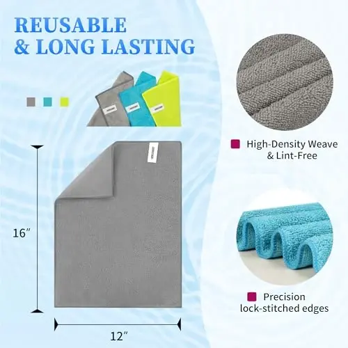 FIXSMITH Microfiber Cleaning Cloth - Pack of 12, Multi-Functional Towels, Size: 12 x 16 in, Highly Absorbent Rags, Lint-Free, Streak-Free for Car, Kitchen, Home, Office - 3