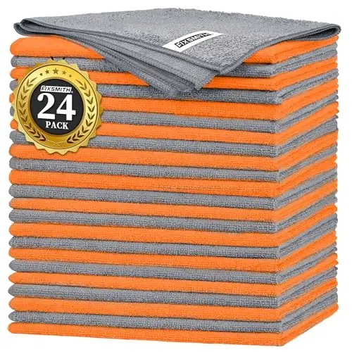 FIXSMITH Microfiber Cleaning Cloth -Pack of 24, Highly Absorbent Cleaning Rags(Grey&Orange), 16
