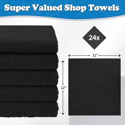 FIXSMITH Microfiber Cleaning Cloth, Shop Towels Bulk, 24 Pack Black Microfiber Towels for Cars, All-Purpose Absorbent Cleaning Rags, Dust Cloth for Automotive, Mechanic, Garage, Bar, 12 x 11 inch - 2