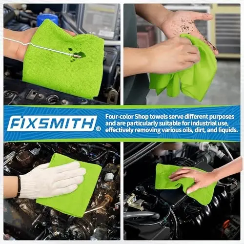 FIXSMITH Microfiber Cleaning Cloth, Shop Towels Bulk, 24 Pack Green Microfiber Towels for Cars, All-Purpose Absorbent Cleaning Rags, Dust Cloth for Automotive, Mechanic, Garage, Bar, 12 x 11 inch - 6