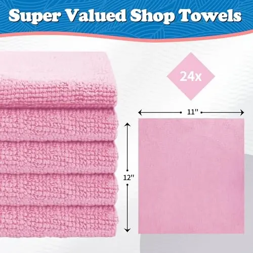 FIXSMITH Microfiber Cleaning Cloth, Shop Towels Bulk, 24 Pack Pink Microfiber Towels for Cars, All-Purpose Absorbent Cleaning Rags, Dust Cloth for Automotive, Mechanic, Garage, Bar, 12 x 11 inch - 2