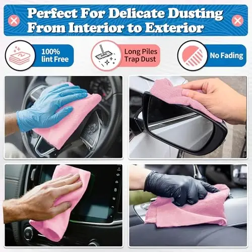 FIXSMITH Microfiber Cleaning Cloth, Shop Towels Bulk, 24 Pack Pink Microfiber Towels for Cars, All-Purpose Absorbent Cleaning Rags, Dust Cloth for Automotive, Mechanic, Garage, Bar, 12 x 11 inch - 3