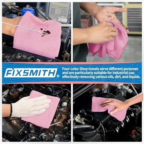 FIXSMITH Microfiber Cleaning Cloth, Shop Towels Bulk, 24 Pack Pink Microfiber Towels for Cars, All-Purpose Absorbent Cleaning Rags, Dust Cloth for Automotive, Mechanic, Garage, Bar, 12 x 11 inch - 6