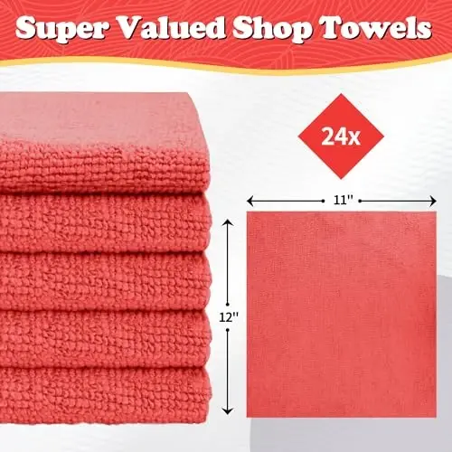 FIXSMITH Microfiber Cleaning Cloth, Shop Towels Bulk, 24 Pack Red Microfiber Towels for Cars, All-Purpose Absorbent Cleaning Rags, Dust Cloth for Automotive, Mechanic, Garage, Bar, 12 x 11 inch - 2