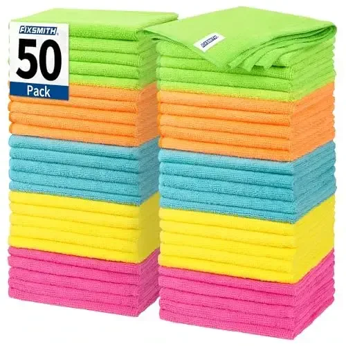 FIXSMITH Microfiber Tozalovchi Mato, 50 Pachka Tozalovchi Latta, Uy Ishlari, Oshxona, Mashina uchun Tozalovchi Sochiqlar, Tuk Qoldirmaydigan, Qayta Ishlatiladigan Dukkakli Sochiqlar 5 Rangda (Yashil/Moviy/Sariq/Apelsin/Pushti), 12