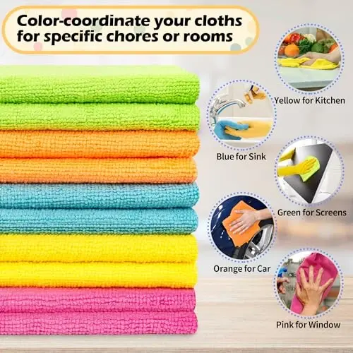 FIXSMITH Microfiber Tozalovchi Mato, 50 Pachka Tozalovchi Latta, Uy Ishlari, Oshxona, Mashina uchun Tozalovchi Sochiqlar, Tuk Qoldirmaydigan, Qayta Ishlatiladigan Dukkakli Sochiqlar 5 Rangda (Yashil/Moviy/Sariq/Apelsin/Pushti), 12