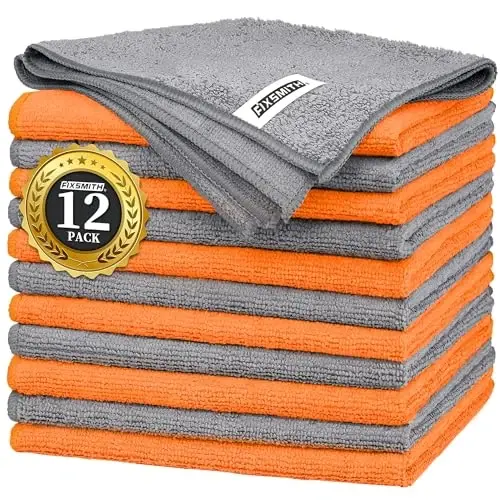 FIXSMITH Microfiber Cleaning Cloth -Pack of 12, Highly Absorbent Cleaning Rags(Grey&Orange), 16