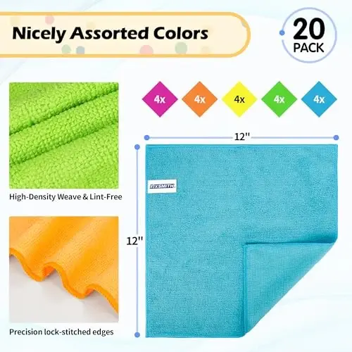 FIXSMITH Microfiber Cleaning Cloth, 20 Pack Cleaning Rags, Cleaning Towels for Housekeeping, Kitchen, Car, Lint-Free, Reusable Shop Towels with 5 Colors (Green/Blue/Yellow/Orange/Pink), 12