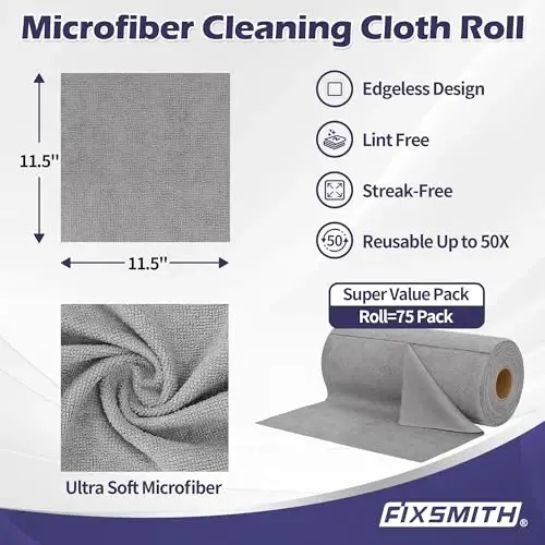 FIXSMITH Microfiber Cleaning Cloth Roll -75 Pack, Microfiber Towel Roll Tear Away, Reusable Cleaning Rags, Microfiber Towels for Cars, Dish Rags Dust Cloths for Kitchen, Home, Auto 11.5 x 11.5 inch - FIXSMITH (1)